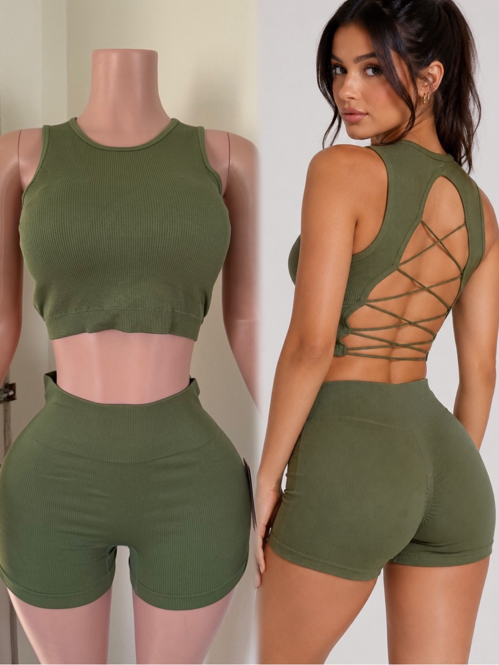 Olive Green Ribbed Lace-Up Back Crop Tank & Shorts Set